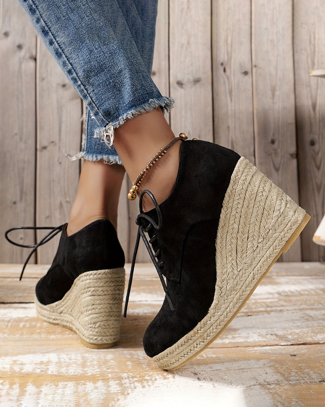 elveswallet Espadrilles Round Toe Lace Up Low-top Platform Wedges