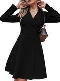 elveswallet  Elegant Button A-line Suit Coat Dress, Casual Long Sleeve Solid V-neck Double Breasted Waist Work Office Dresses, Women's Clothing