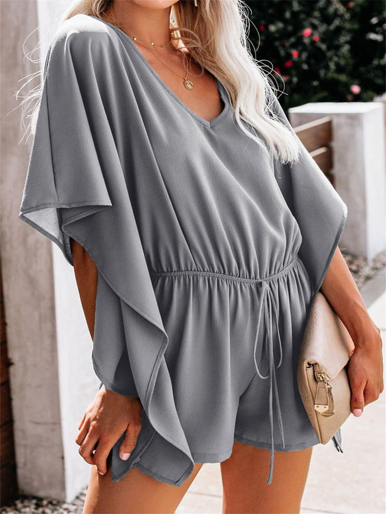 elveswallet  Solid Ruffle Loose Sleeve Jumpsuit, Casual V Neck Drawstring Short Length Jumpsuit, Women's Clothing