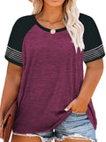elveswallet  Plus Size Casual T-shirt, Women's Plus Colorblock Stripe Print Short Sleeve Round Neck Slight Stretch T-shirt