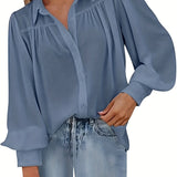 elveswallet  Plus Size Basic Blouse, Women's Plus Solid Button Up Lantern Sleeve Turn Down Collar Slight Stretch Blouse