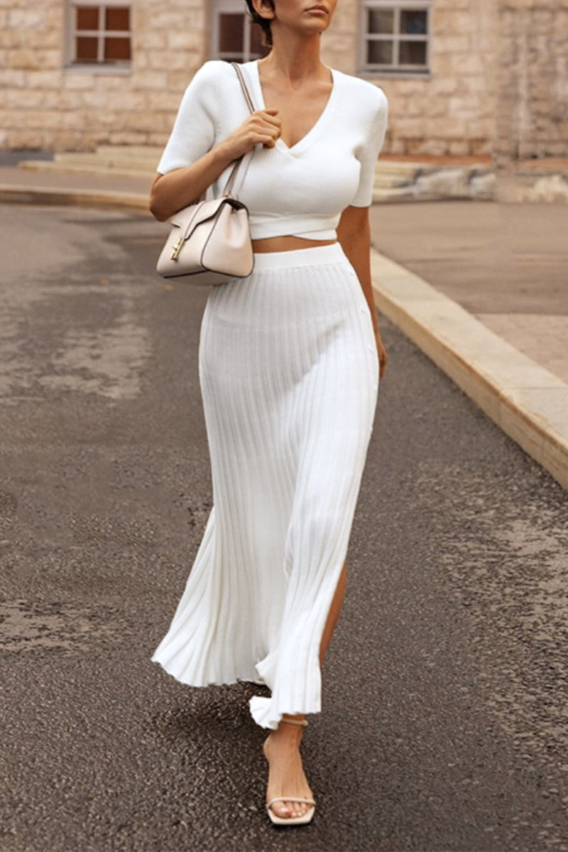 Elegant Solid Slit V Neck Short Sleeve Two Pieces