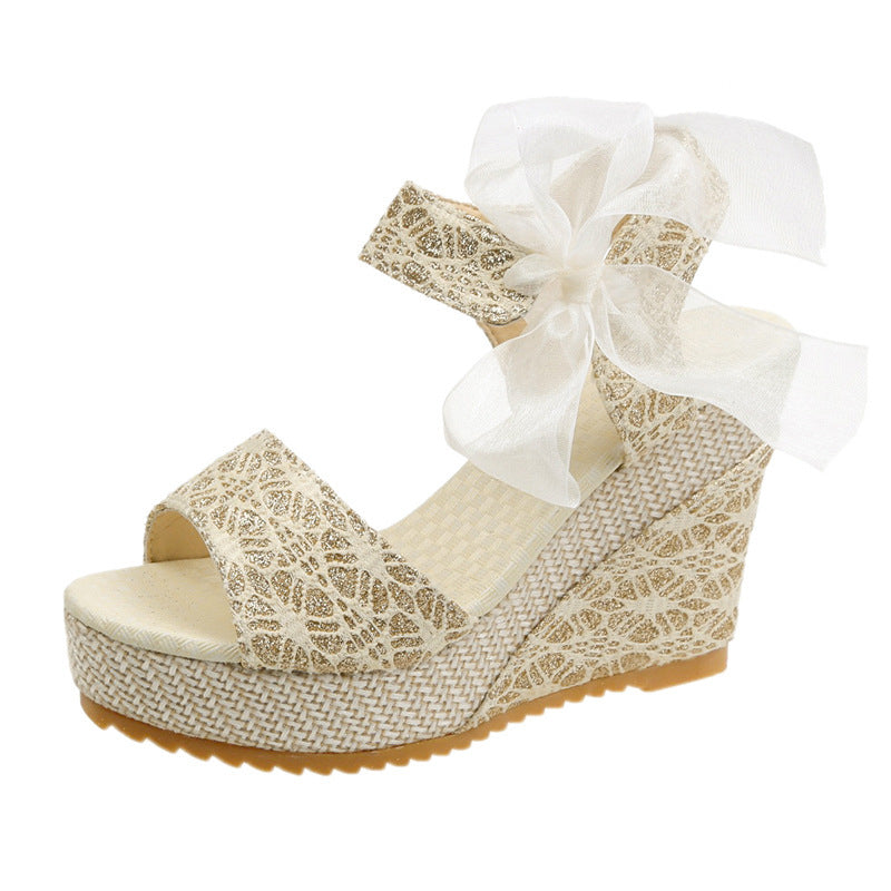 elveswallet Lace Bow Wedges Sandals