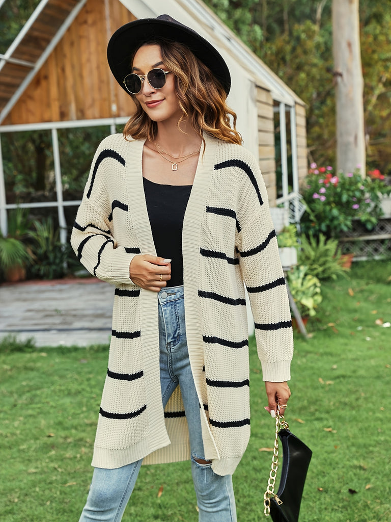 elveswallet  Striped Open Front Drop Shoulder Cardigan, Casual Long Sleeve Cardigan For Fall & Winter, Women's Clothing