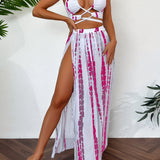 3-Pieces Tie Dye Bikini Sets, Halter Neck High Cut With Loose Fit Cover Up Skirt Split Swimsuit, Women's Swimwear & Clothing