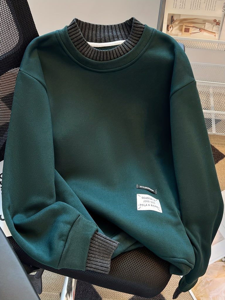 elveswallet  Solid Crew Neck Applique Sweatshirt, Long Sleeve Crew Neck Pullover Sweatshirt, Casual Tops For Fall & Winter, Women's Clothing