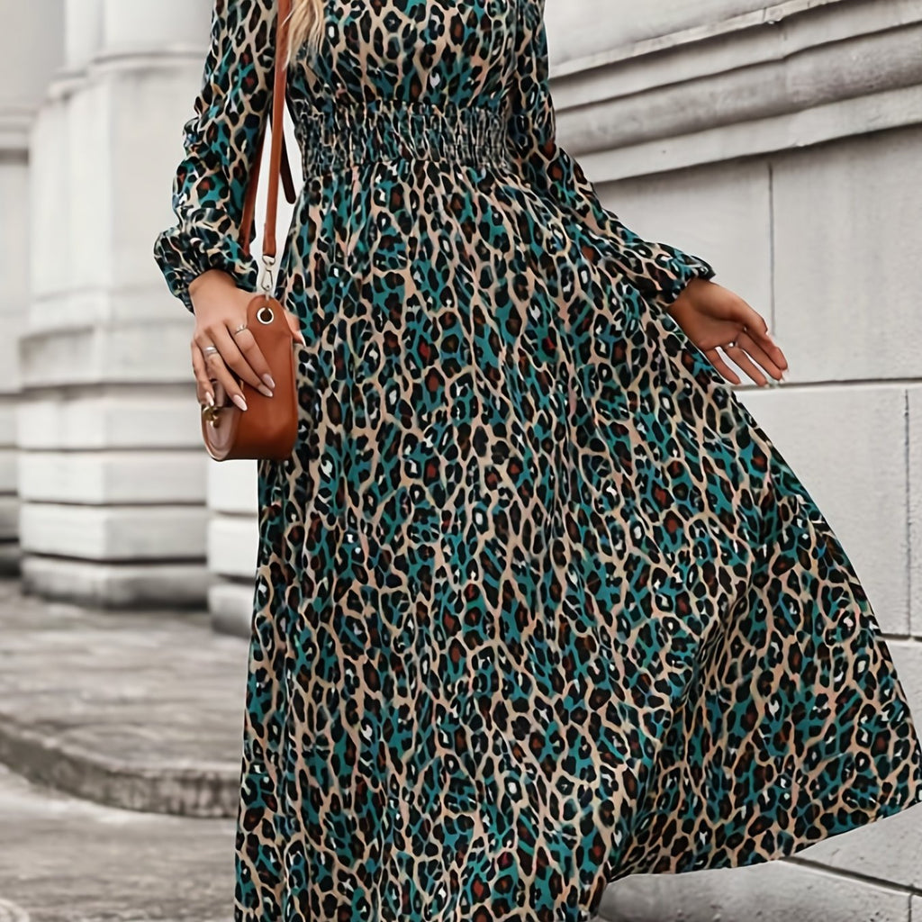 Leopard Print Shirred Waist Dress, Casual Long Sleeve Maxi Dress, Women's Clothing