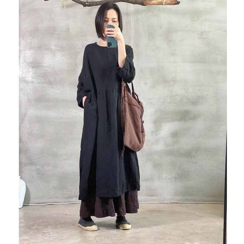 ELVESWALLET 2025 202008/Qingzhao, linen, retro and old washed spring and autumn thread pullover robe dress