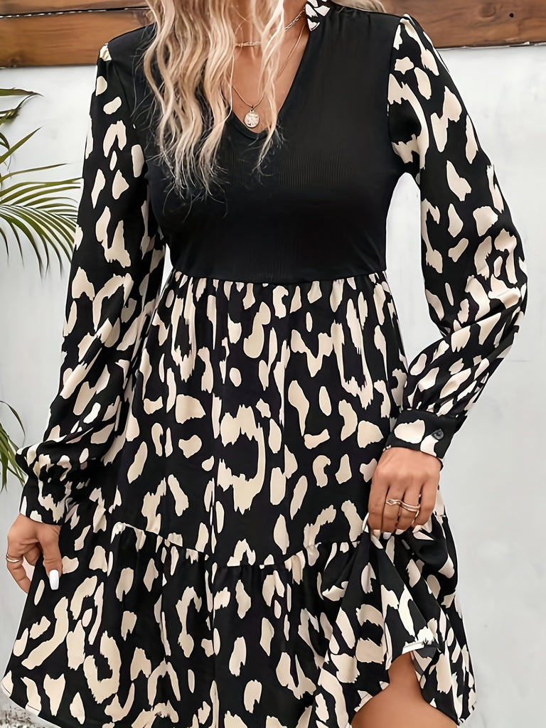 elveswallet  Leopard Print Splicing Dress, Elegant V Neck Long Sleeve Dress, Women's Clothing