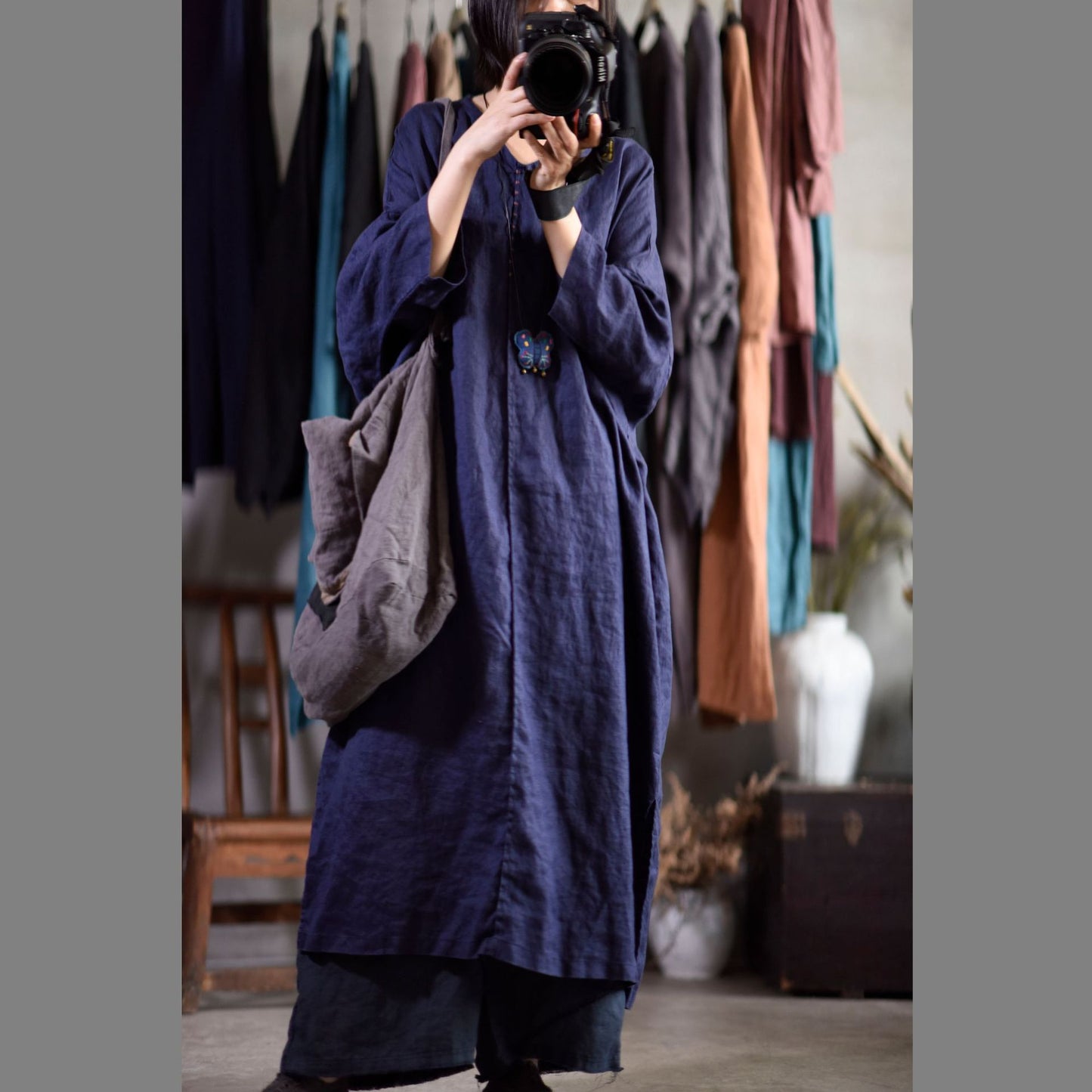 ELVESWALLET 2025 20/August/Afternoon, literary and retro linen washed and made old hand-embroidered threads pullover robe dress