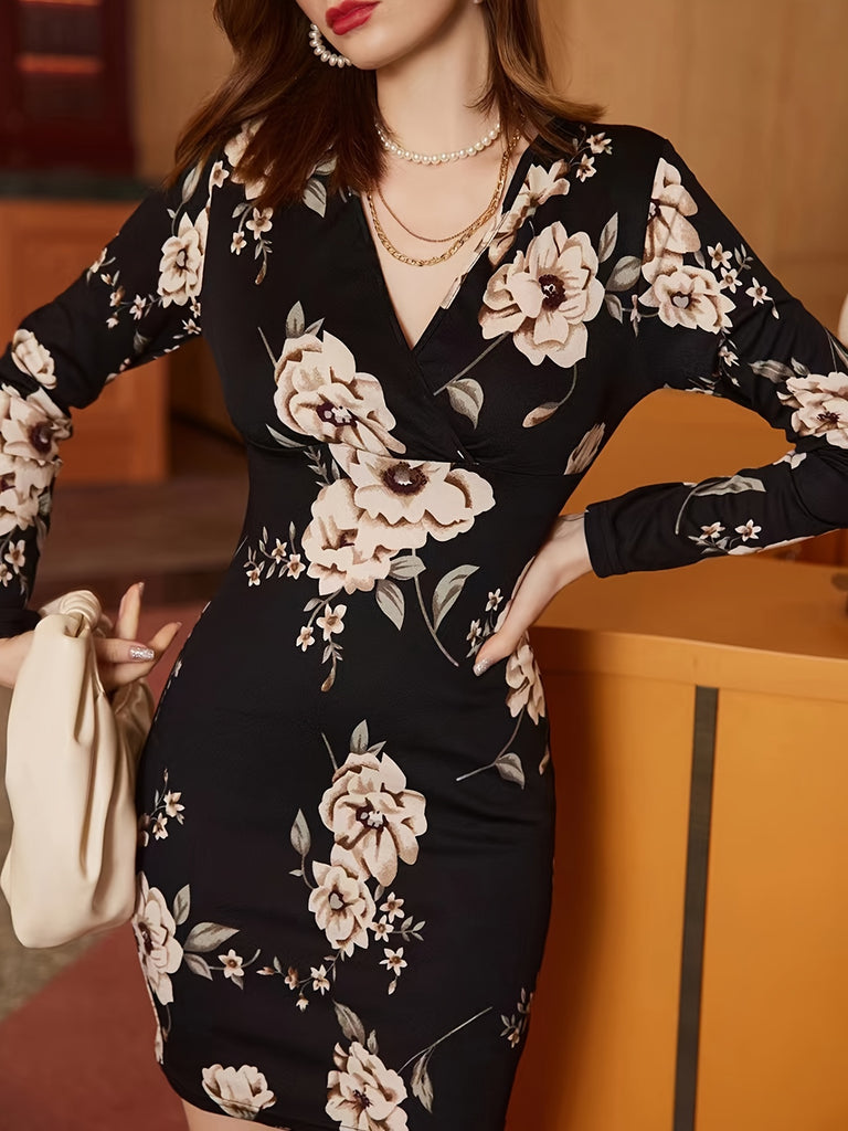 Women's Floral Print V Neck Bishop Long Sleeve Bodycon Wrap Mini Belted Dress