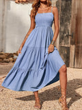Shirred Cami Dress, Vacation Spaghetti Sleeveless High Waist Ruched Dress, Women's Clothing