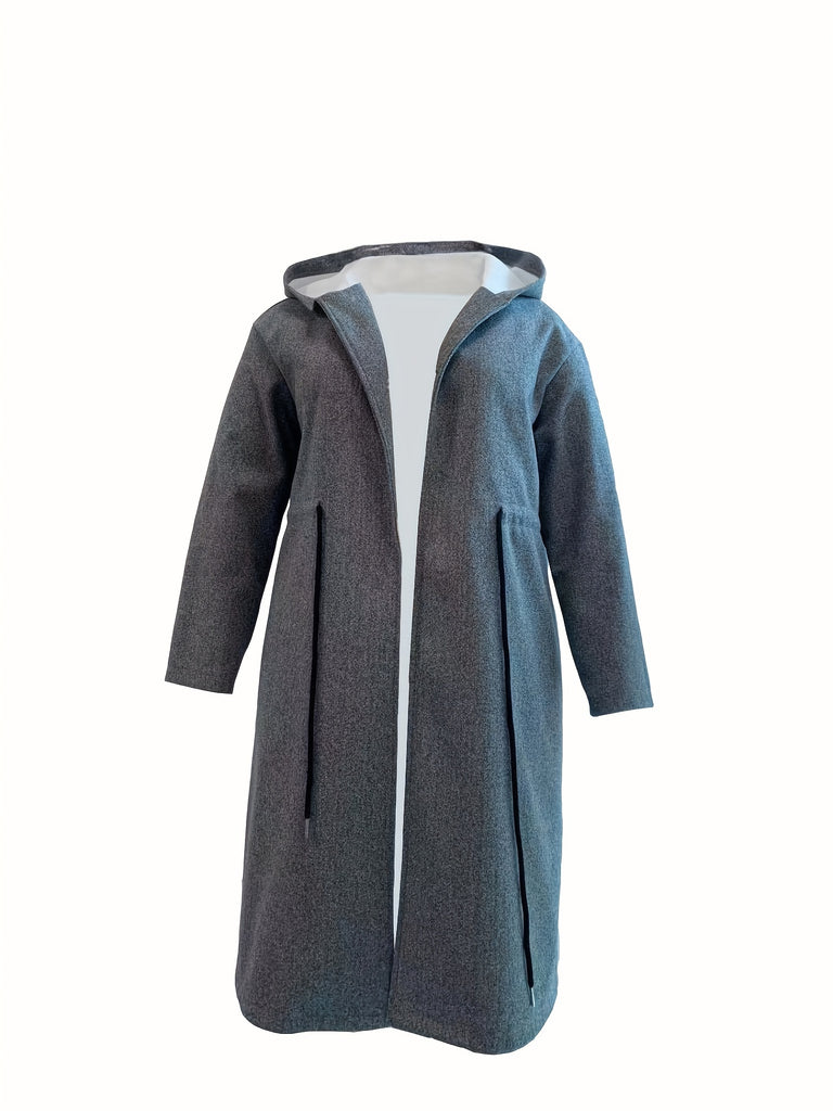elveswallet  Plus Size Casual Coat, Women's Plus Solid Long Sleeve Hooded Drawstring Waist Longline Wool Blend Coat