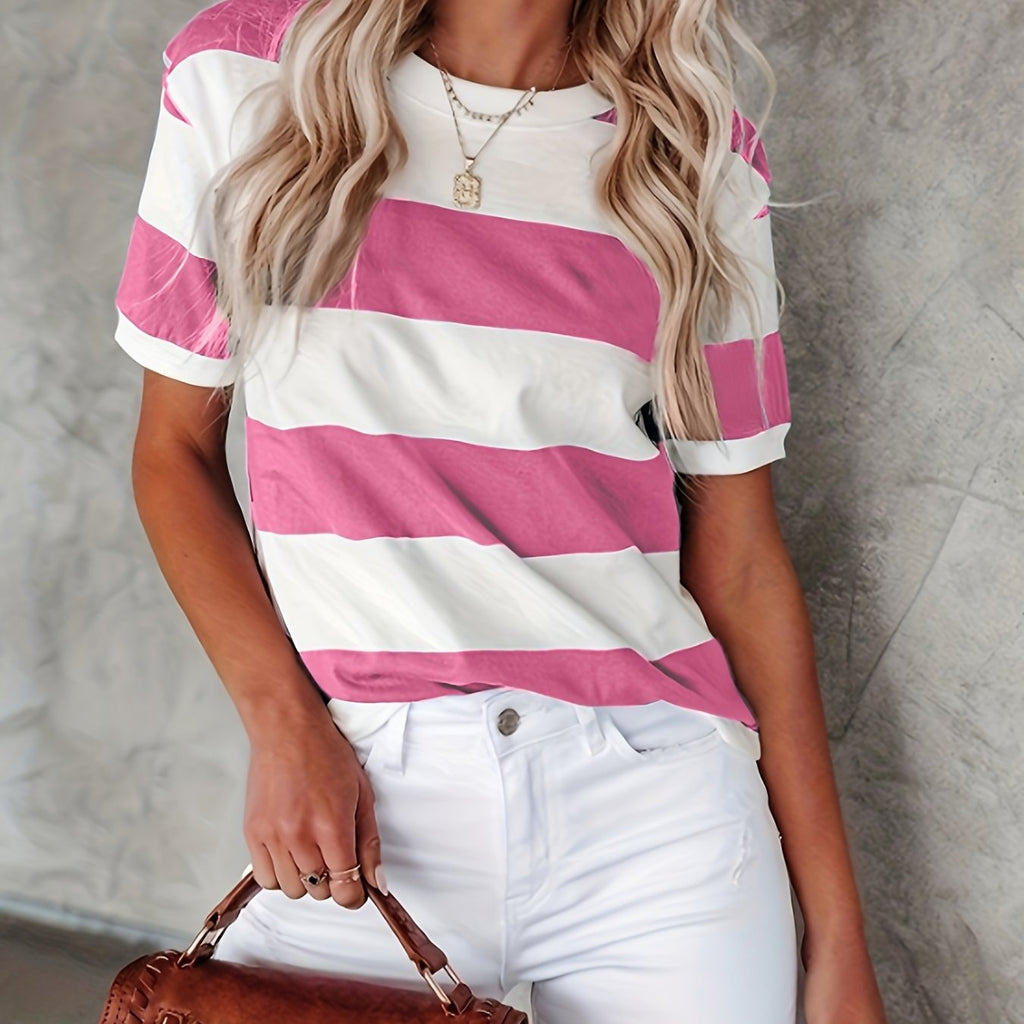 elveswallet  Short Sleeve Striped T-Shirt, Crew Neck Casual Top For Summer & Spring, Women's Clothing