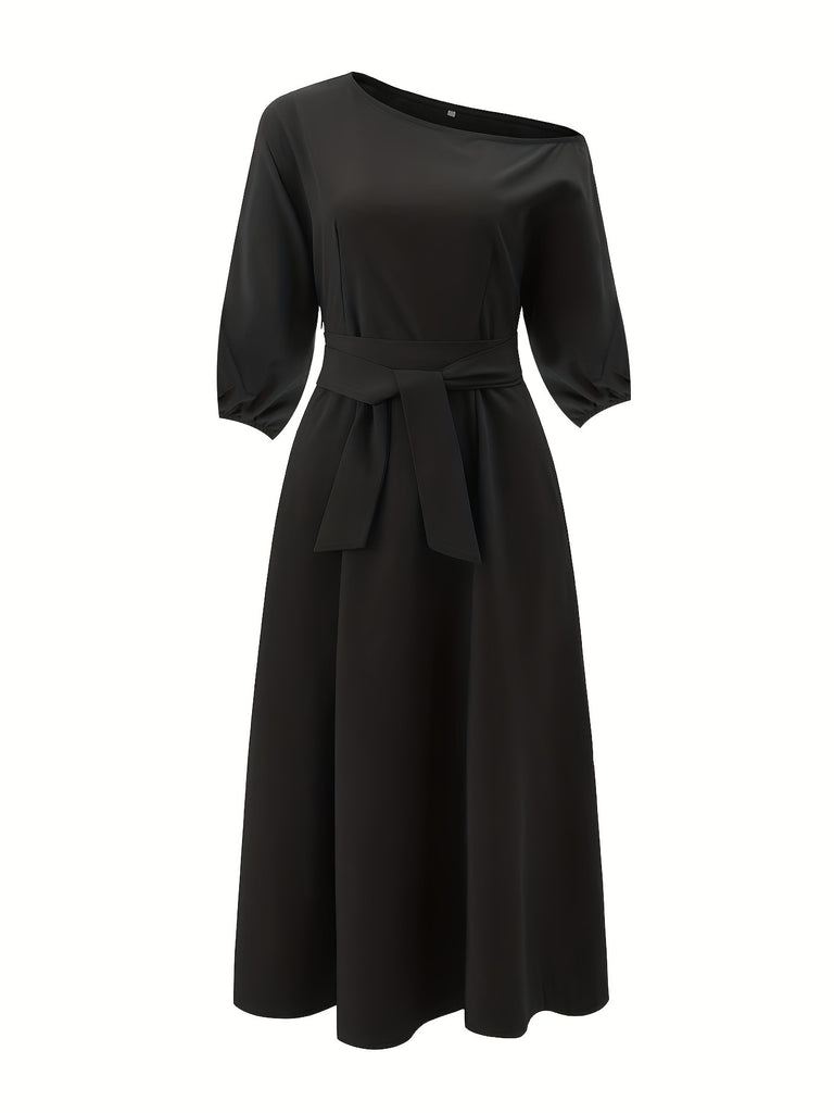 Slant Shoulder Neck Tie Waist Dress, Elegant Dual Pockets Short Sleeve Dress, Women's Clothing