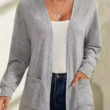 elveswallet  Elegant Open Front Solid Cardigan, Long Sleeve Dual Pockets Cardigan For Spring & Fall, Women's Clothing