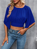 elveswallet  Ruched Tie Back Crop Top, Casual Crew Neck Cape Sleeve Blouse For Spring & Summer, Women's Clothing