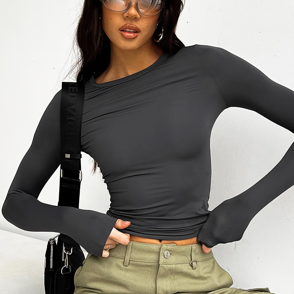 elveswallet  Versatile Solid Slim T-Shirt, Crew Neck Long Sleeve T-Shirt, Casual Every Day Tops, Women's Clothing