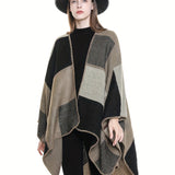 Colorblock Plaid Pattern Cape Cardigan, Casual Open Front Cardigan, Women's Clothing
