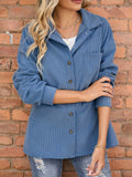 Plus Size Casual Coat, Women's Plus Solid Corduroy Button Up Long Sleeve Lapel Collar Overcoat With Pockets