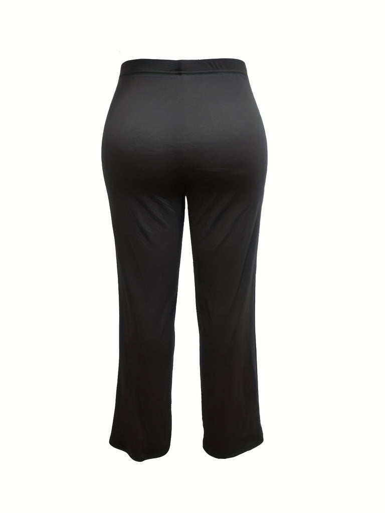 elveswallet  Plus Size Casual Pants, Women's Plus Solid Straight Leg Medium Stretch Elastic High Rise Pants