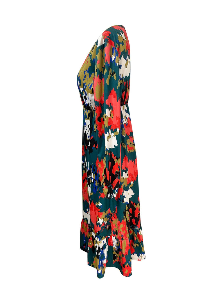 elveswallet  Graphic Print Split Dress, Casual Surplice Neck Long Sleeve Dress, Women's Clothing