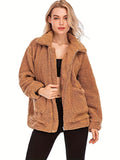Solid Zip Up Teddy Coat, Casual Long Sleeve Pocket Front Warm Outerwear, Women's Clothing
