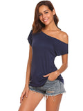 Solid Slanted Shoulder Short Sleeve T-shirt, Asymmetrical Casual Loose Summer T-shirt, Women's Clothing