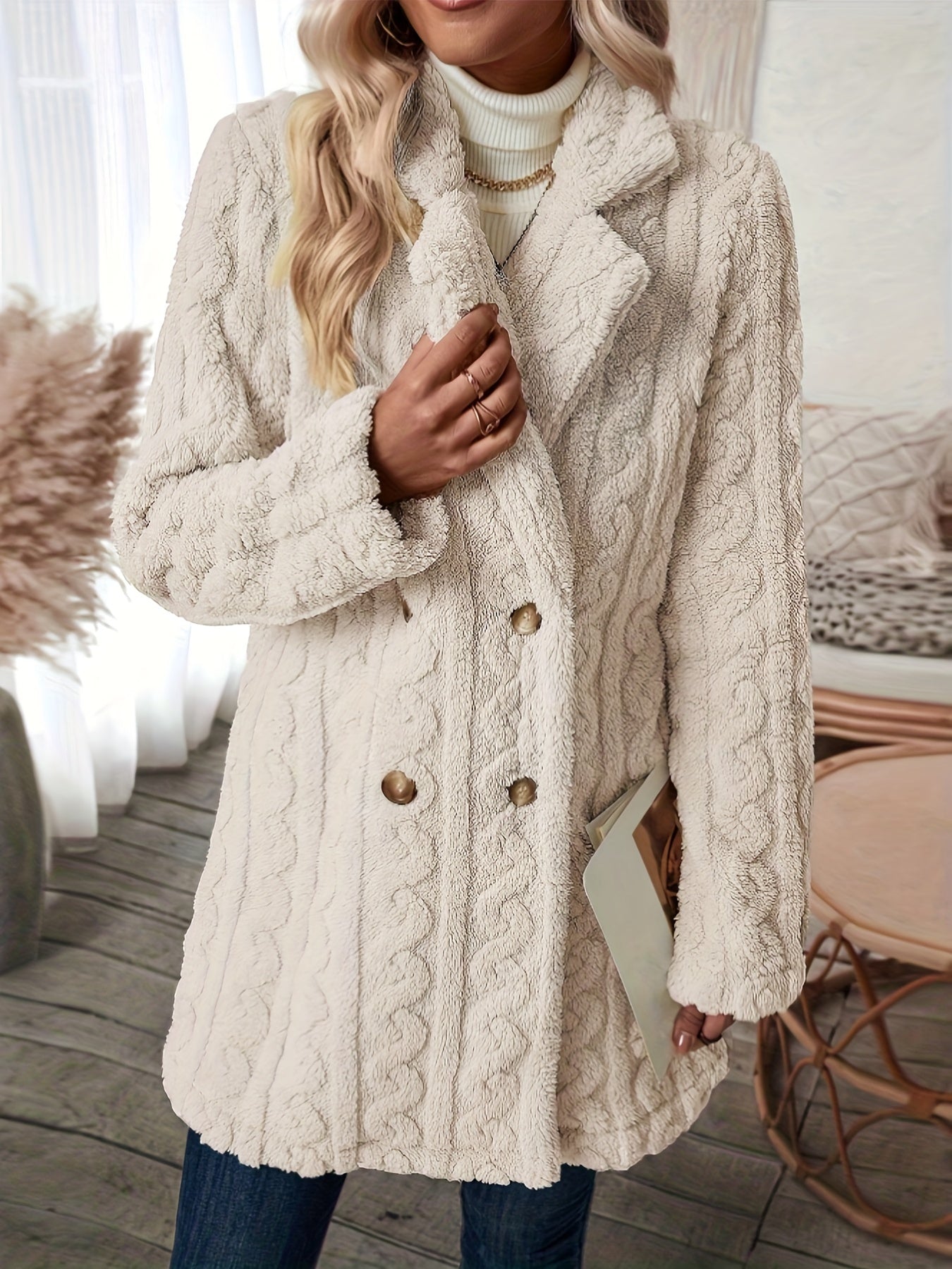 elveswallet Double Breasted Lapel Versatile Textured Thermal Teddy Coat