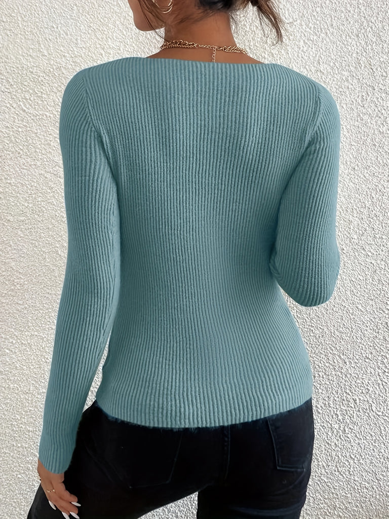 elveswallet  Solid Rib Knit Sweater, Casual Long Sleeve V Neck Slim Sweater, Women's Clothing