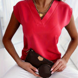 Elegant Solid V Neck Blouse, Short Sleeve Blouse For Spring & Summer, Women's Clothing