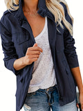 elveswallet  Solid Stand Collar Long Sleeve Pockets Jacket, Winter Warm Zipper Button Casual Outerwear, Women's Clothing