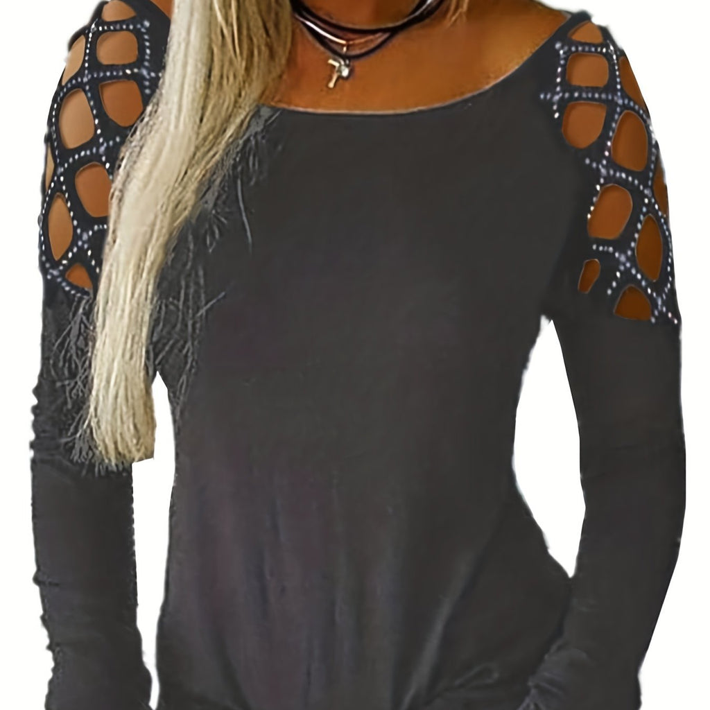 elveswallet  Plus Size Casual T-shirt, Women's Plus Rhinestone Hollow Out Long Sleeve Round Neck Medium Stretch Tee