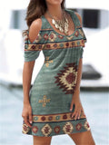 elveswallet  Aztec Print Cold Shoulder Dress, Vintage Scoop Neck Bodycon Mini Dress, Women's Clothing