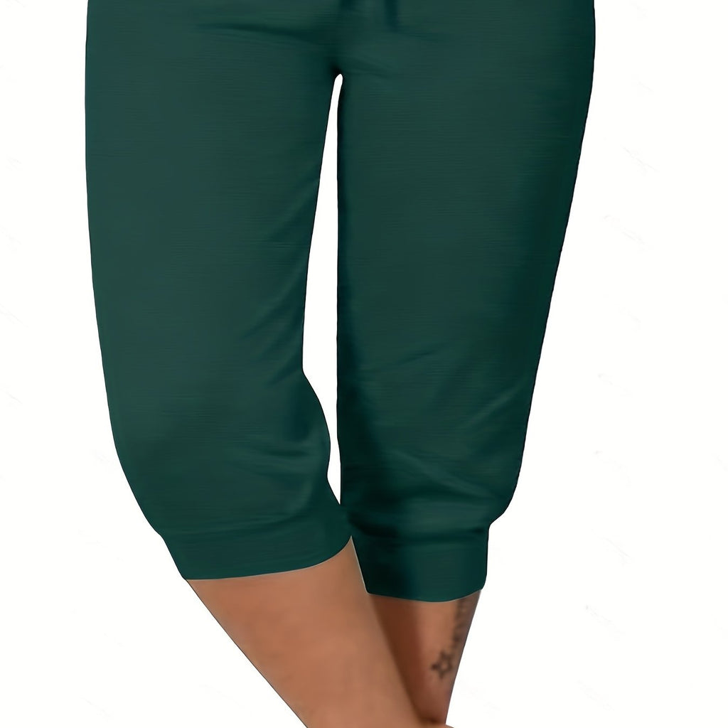 elveswallet  Plus Size Casual Capri Pants, Women's Plus Solid Medium Stretch Drawstring Capri Leggings