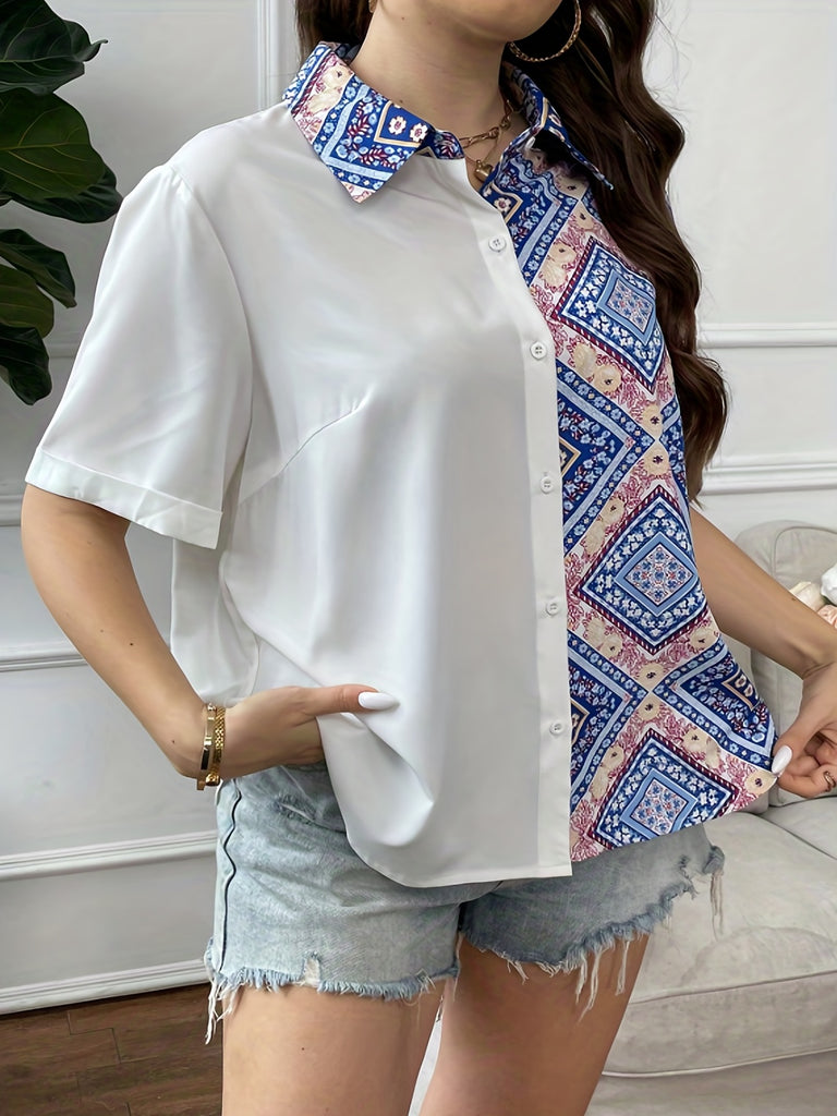 elveswallet  Plus Size Casual Blouse, Women's Plus Scarf Print Button Up Long Sleeve Turn Down Collar Blouse
