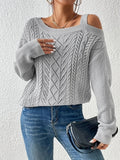 Solid Cold Shoulder Pointelle Knit Sweater, Casual Long Sleeve Sweater For Spring & Fall, Women's Clothing
