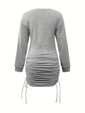 elveswallet  Ruched Drawstring Dress, Casual Crew Neck Long Sleeve Dress, Women's Clothing
