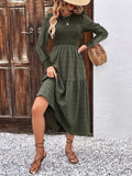 elveswallet  Textured Shirred Dress, Elegant Long Sleeve Solid Midi Dress, Women's Clothing