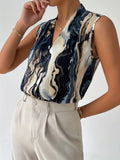 Abstract Print Sleeveless Blouse, Casual V Neck Button Front Blouse, Women's Clothing