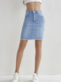 elveswallet  Blue Raw Hem Denim Skirt, Slim Fit Slash Pockets High-Stretch Denim Skirt, Women's Denim Clothing