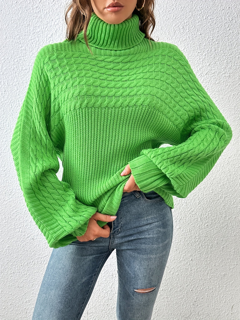 elveswallet  Women's Sweater Casual Turtleneck Twist Rib Green Long Sleeve Loose Fall Winter Sweater