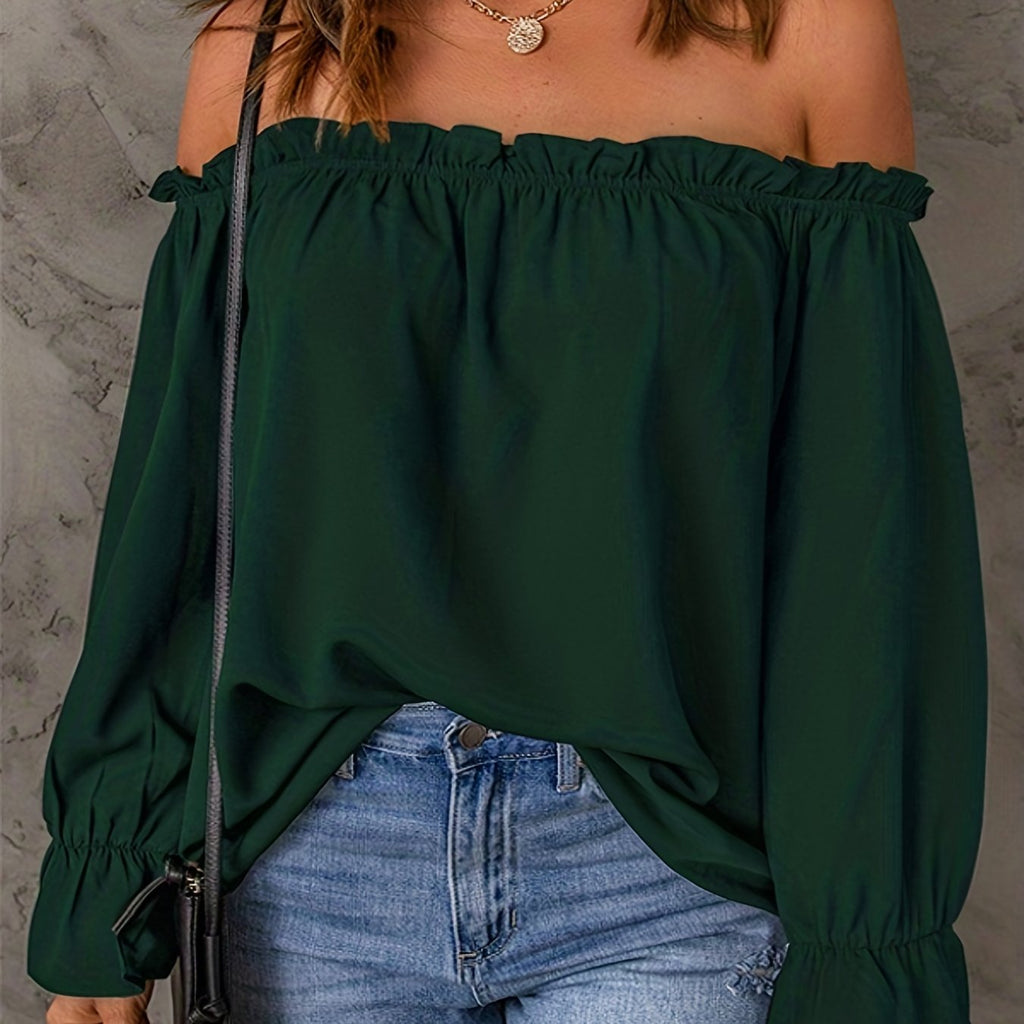 Off Shoulder Ruffle Trim Blouse, Casual Solid Long Sleeve Blouse For Spring & Fall, Women's Clothing