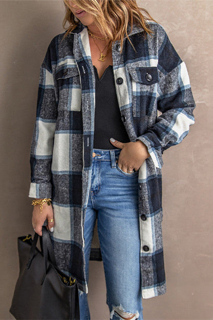 elveswallet Lapel Knit Long casual Tweed Plaid Jacket