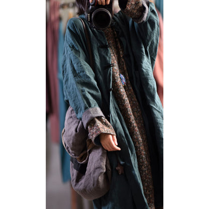 ELVESWALLET 2025 20/September/Sober period, linen washed and old retro big pocket contrasting color disc button trench coat plus long cardigan