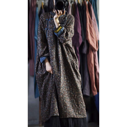 ELVESWALLET 2025 20/September/Old City, cotton and linen, retro literary buckle sleeve head double-layer cotton floral spring and autumn dress