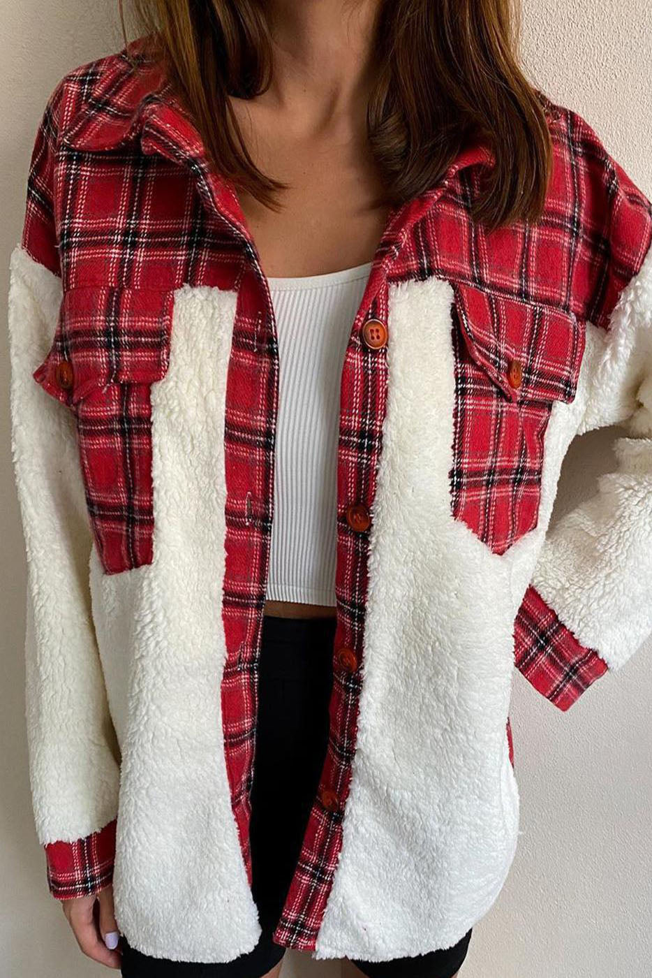 elveswallet Plaid Print Plush Patchwork Contrast Jacket