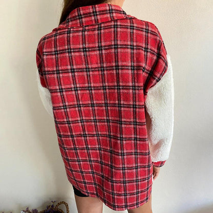 elveswallet Plaid Print Plush Patchwork Contrast Jacket