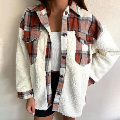 elveswallet Plaid Print Plush Patchwork Contrast Jacket