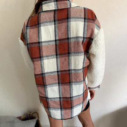 elveswallet Plaid Print Plush Patchwork Contrast Jacket